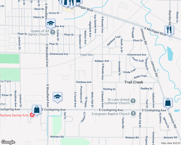 map of restaurants, bars, coffee shops, grocery stores, and more near 304 White Oak Dr in Michigan City