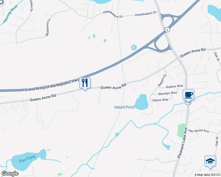 map of restaurants, bars, coffee shops, grocery stores, and more near 340 Queen Anne Road in Harwich