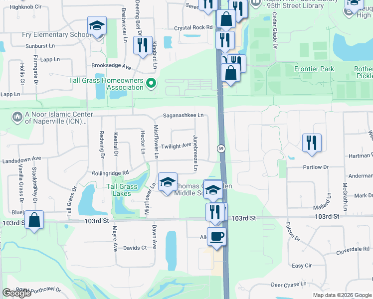 map of restaurants, bars, coffee shops, grocery stores, and more near 3108 Twilight Avenue in Naperville