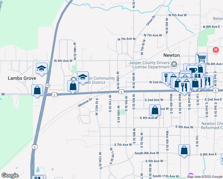 map of restaurants, bars, coffee shops, grocery stores, and more near 114 West 11th Street North in Newton