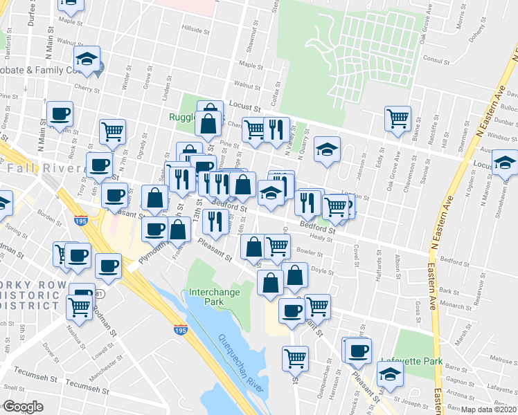 map of restaurants, bars, coffee shops, grocery stores, and more near 9 Plain Street in Fall River