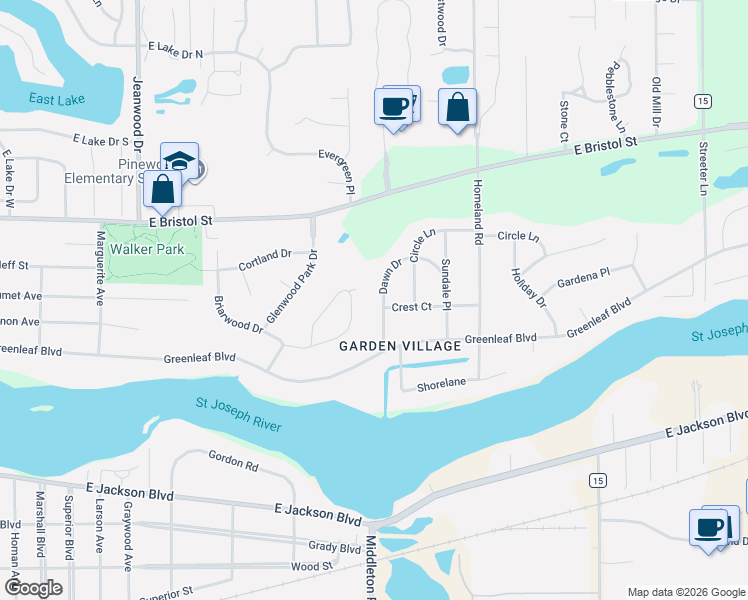 map of restaurants, bars, coffee shops, grocery stores, and more near 54667 Dawn Dr in Elkhart