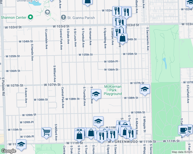 map of restaurants, bars, coffee shops, grocery stores, and more near 10616 South Christiana Avenue in Chicago