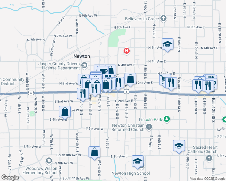 map of restaurants, bars, coffee shops, grocery stores, and more near 124 1st Street North in Newton