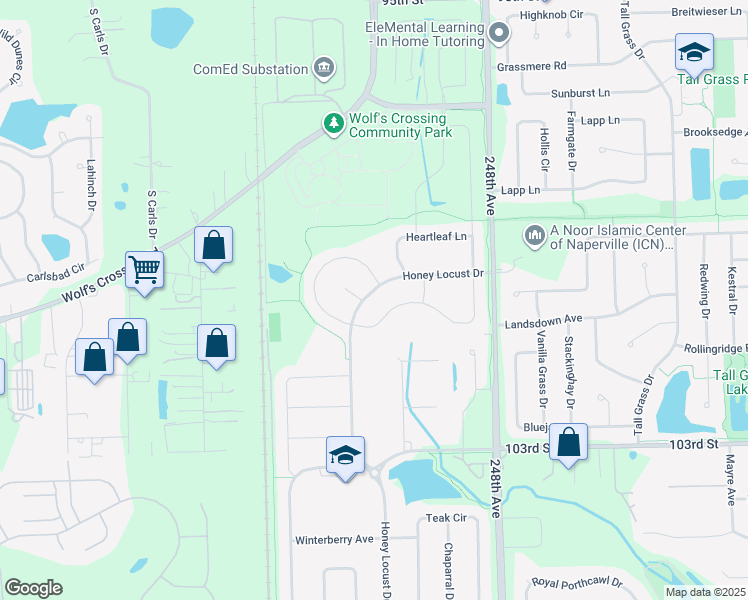 map of restaurants, bars, coffee shops, grocery stores, and more near 3736 Honey Locust Drive in Naperville