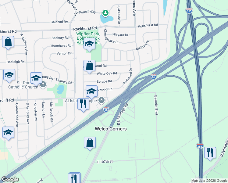 map of restaurants, bars, coffee shops, grocery stores, and more near 546 Redwood Road in Bolingbrook