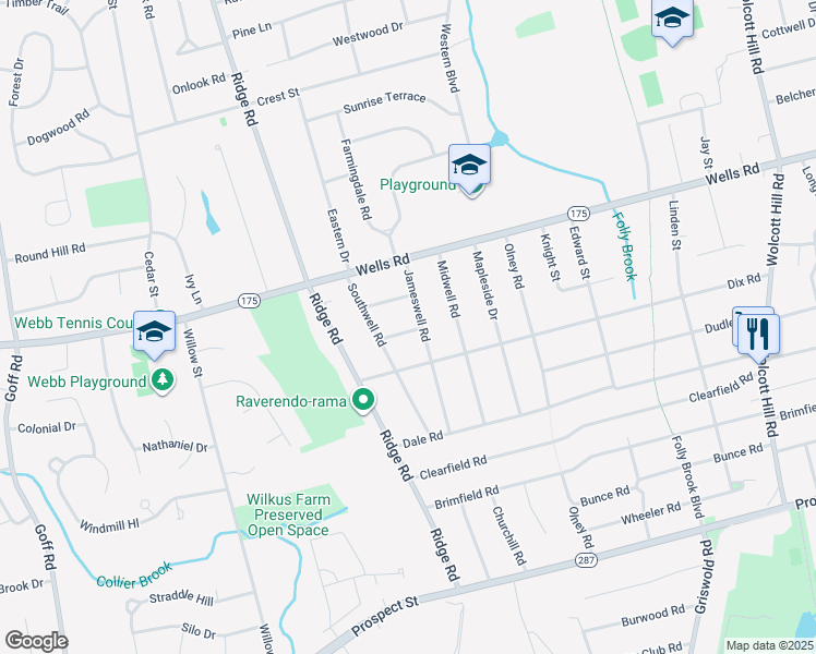 map of restaurants, bars, coffee shops, grocery stores, and more near 25 Gracewell Road in Wethersfield