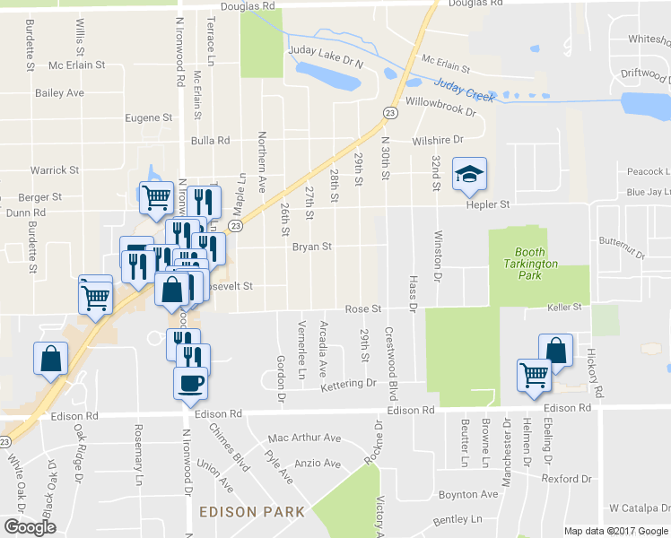 map of restaurants, bars, coffee shops, grocery stores, and more near 54667 28th Street in South Bend
