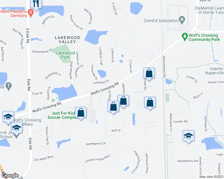 map of restaurants, bars, coffee shops, grocery stores, and more near 25501 West Wolfs Road in Plainfield