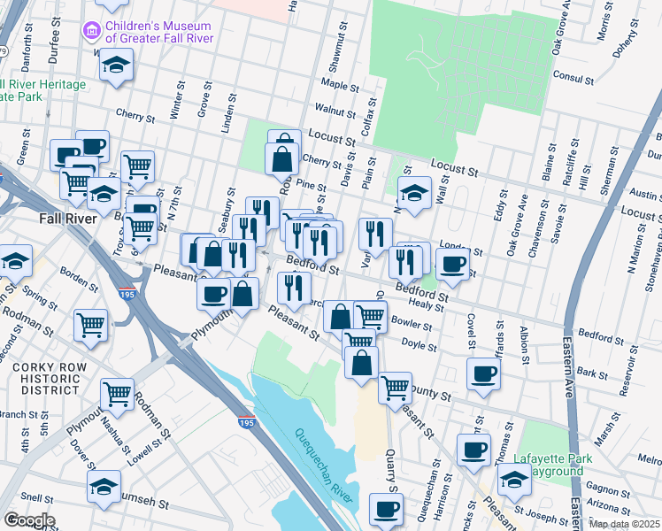 map of restaurants, bars, coffee shops, grocery stores, and more near 732 Bedford Street in Fall River