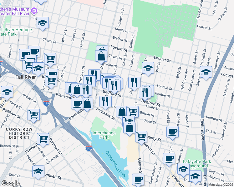 map of restaurants, bars, coffee shops, grocery stores, and more near 732 Bedford Street in Fall River
