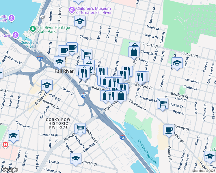 map of restaurants, bars, coffee shops, grocery stores, and more near 45 10th Street in Fall River