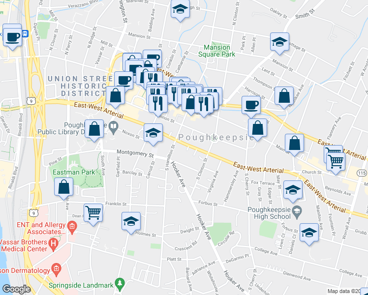 map of restaurants, bars, coffee shops, grocery stores, and more near 230 East-West Arterial in Poughkeepsie