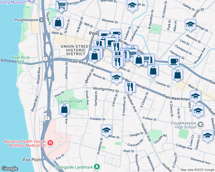 map of restaurants, bars, coffee shops, grocery stores, and more near 74 Academy Street in Poughkeepsie