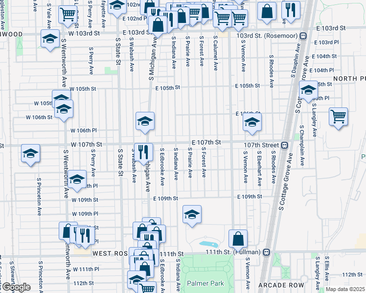 map of restaurants, bars, coffee shops, grocery stores, and more near 206 East 107th Street in Chicago