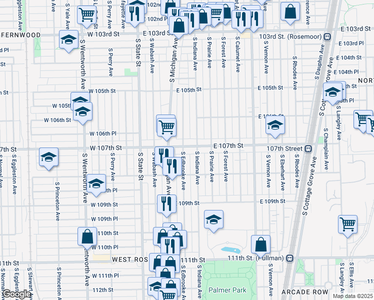 map of restaurants, bars, coffee shops, grocery stores, and more near 136 East 107th Street in Chicago