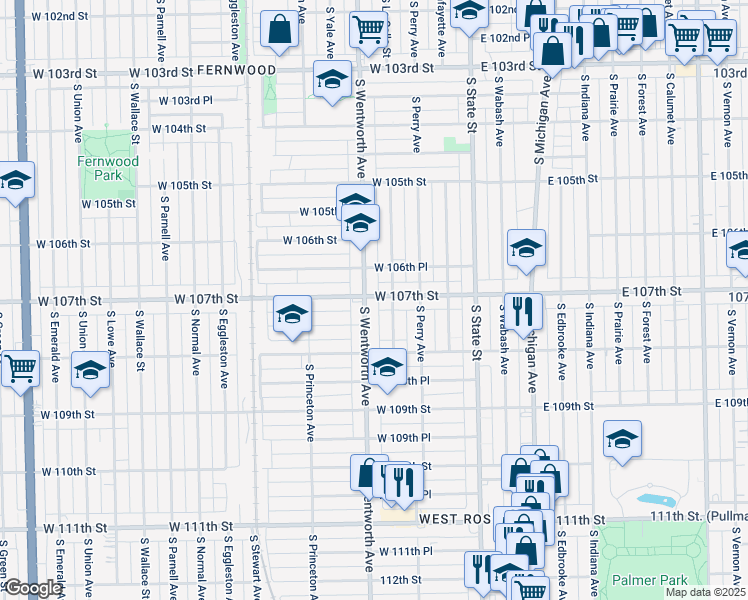 map of restaurants, bars, coffee shops, grocery stores, and more near 134 West 107th Street in Chicago