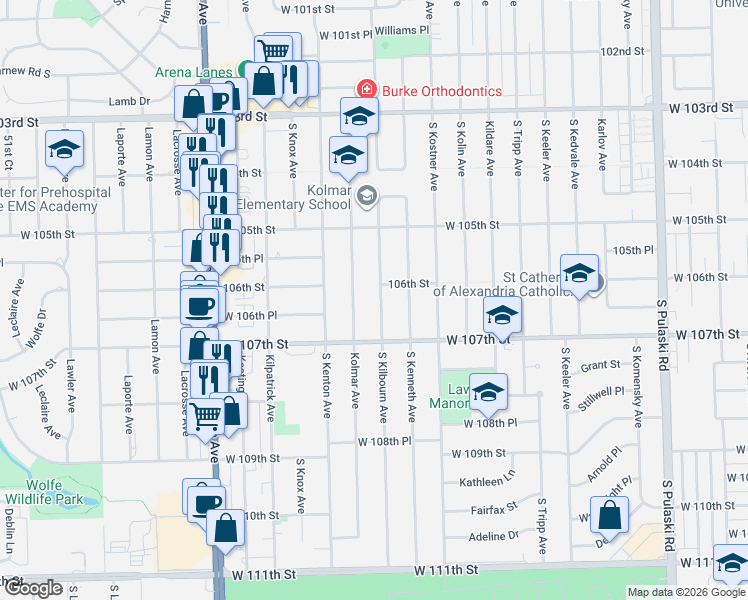 map of restaurants, bars, coffee shops, grocery stores, and more near 10601 Kolmar Avenue in Oak Lawn