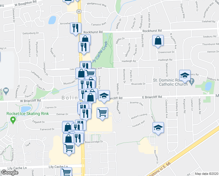 map of restaurants, bars, coffee shops, grocery stores, and more near 129 Malibu Drive in Bolingbrook