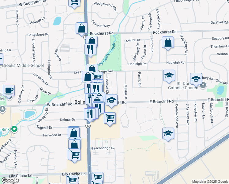 map of restaurants, bars, coffee shops, grocery stores, and more near 110A Enclave Circle in Bolingbrook