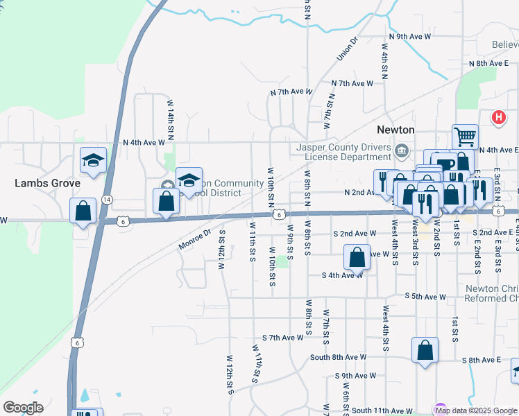 map of restaurants, bars, coffee shops, grocery stores, and more near 114 West 11th Street North in Newton
