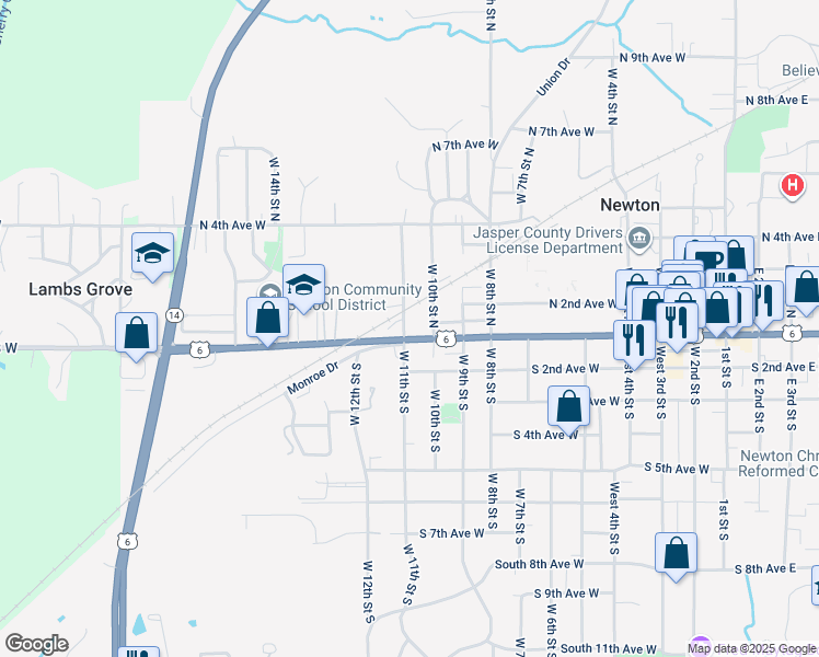 map of restaurants, bars, coffee shops, grocery stores, and more near 114 West 11th Street North in Newton