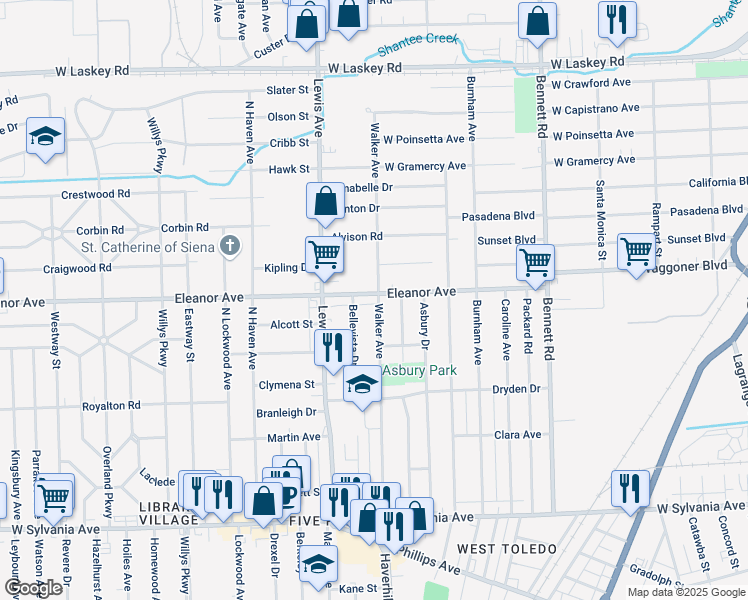 map of restaurants, bars, coffee shops, grocery stores, and more near 4502 Walker Avenue in Toledo