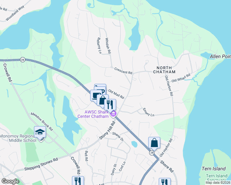 map of restaurants, bars, coffee shops, grocery stores, and more near 83 Old Mail Road in Chatham