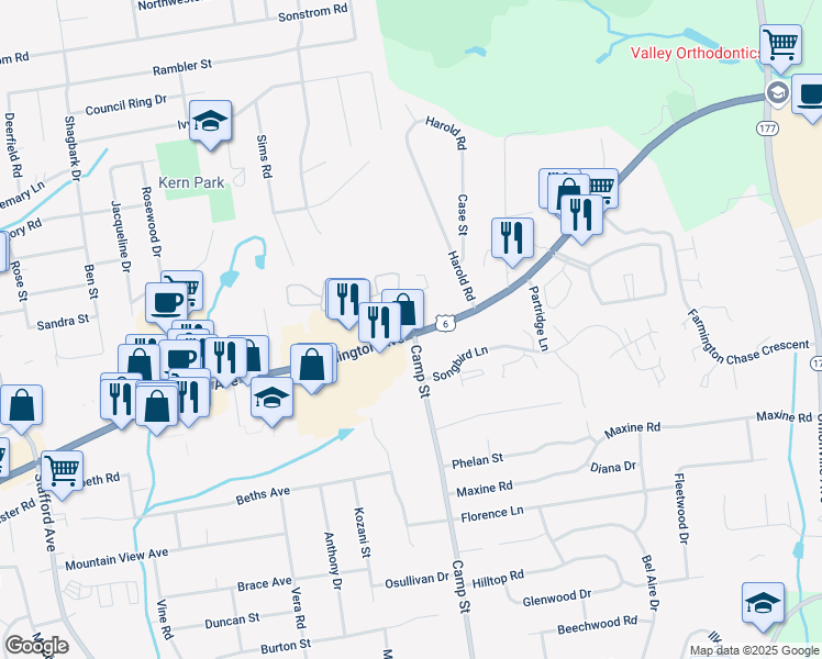map of restaurants, bars, coffee shops, grocery stores, and more near 1462 Farmington Avenue in Bristol