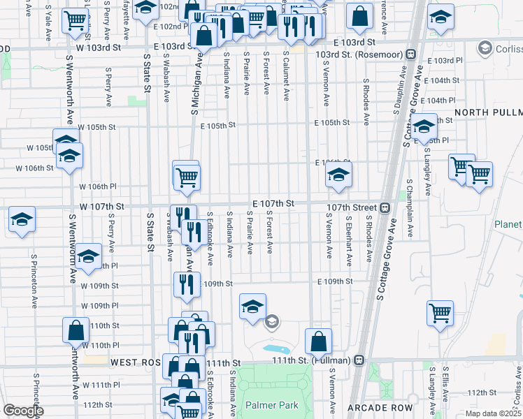 map of restaurants, bars, coffee shops, grocery stores, and more near 251 East 107th Street in Chicago