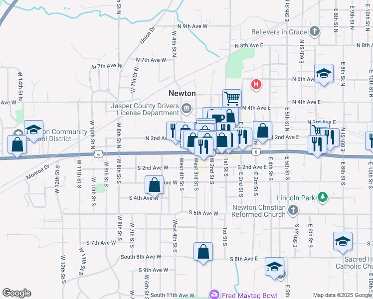 map of restaurants, bars, coffee shops, grocery stores, and more near 326 1st Avenue West in Newton
