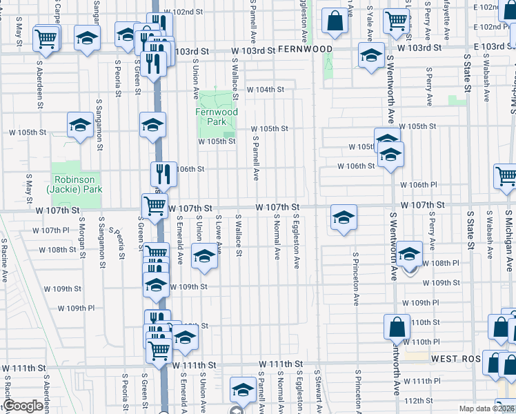 map of restaurants, bars, coffee shops, grocery stores, and more near W 107th St & S Parnell Ave in Chicago