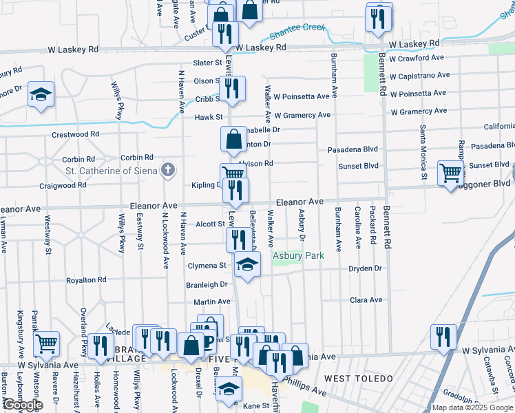 map of restaurants, bars, coffee shops, grocery stores, and more near 917 Eleanor Avenue in Toledo