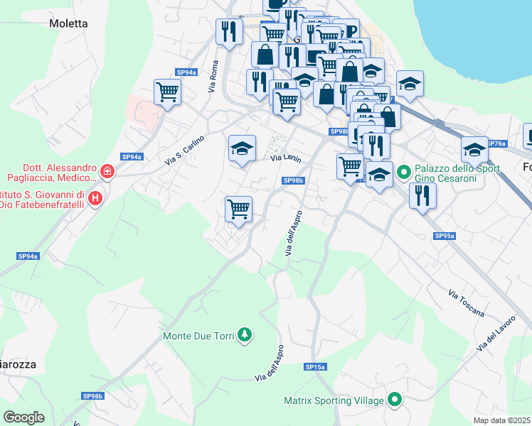 map of restaurants, bars, coffee shops, grocery stores, and more near 26 Via Monte Giove in Genzano di Roma