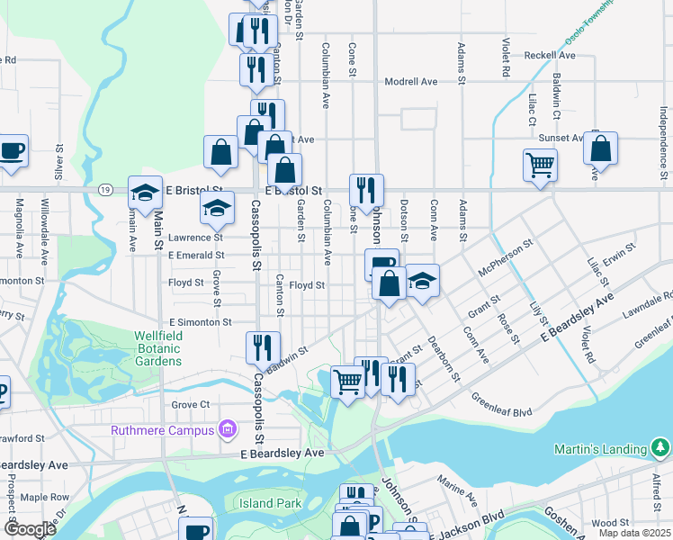 map of restaurants, bars, coffee shops, grocery stores, and more near 1248 Columbian Avenue in Elkhart