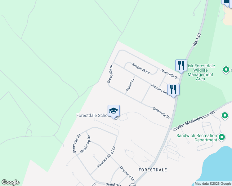 map of restaurants, bars, coffee shops, grocery stores, and more near 64 Greenville Drive in Sandwich
