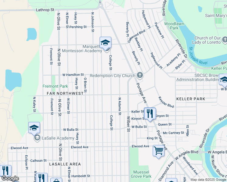map of restaurants, bars, coffee shops, grocery stores, and more near 1821 College Street in South Bend