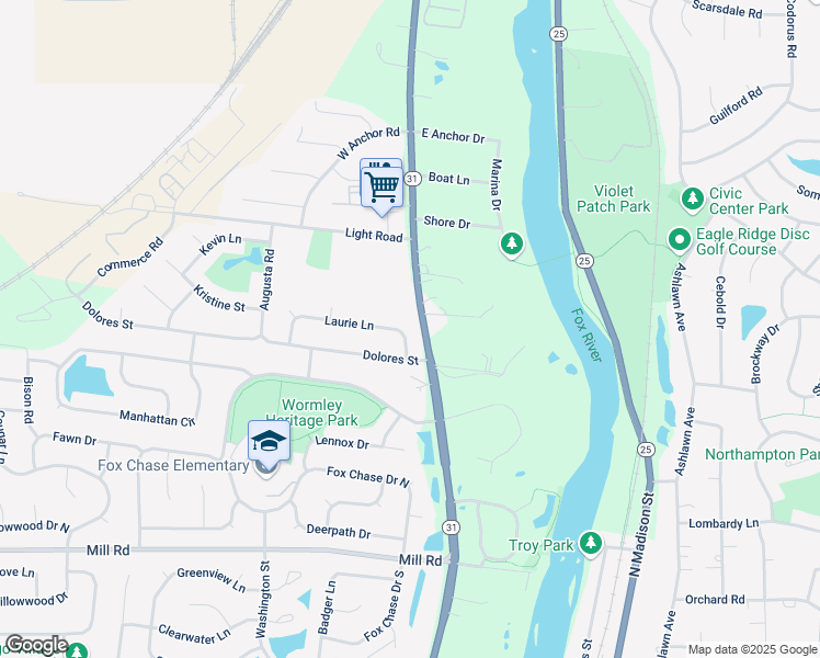 map of restaurants, bars, coffee shops, grocery stores, and more near 106 Laurie Lane in Oswego