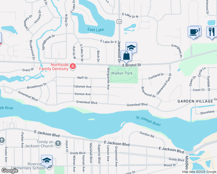map of restaurants, bars, coffee shops, grocery stores, and more near 1301 Marguerite Avenue in Elkhart