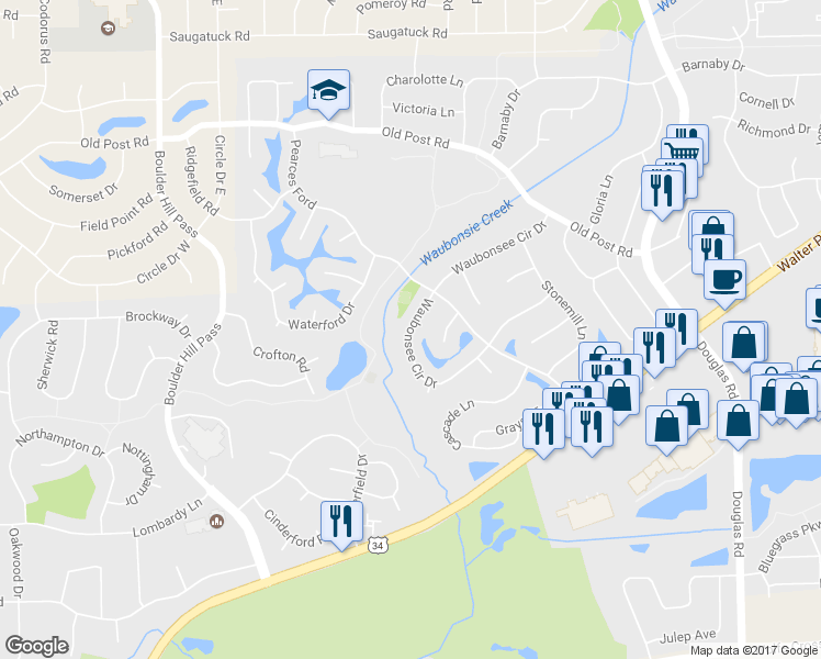 map of restaurants, bars, coffee shops, grocery stores, and more near 475 Waubonsee Circle Drive in Oswego