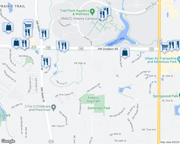 map of restaurants, bars, coffee shops, grocery stores, and more near 909 Southwest 28th Street in Ankeny
