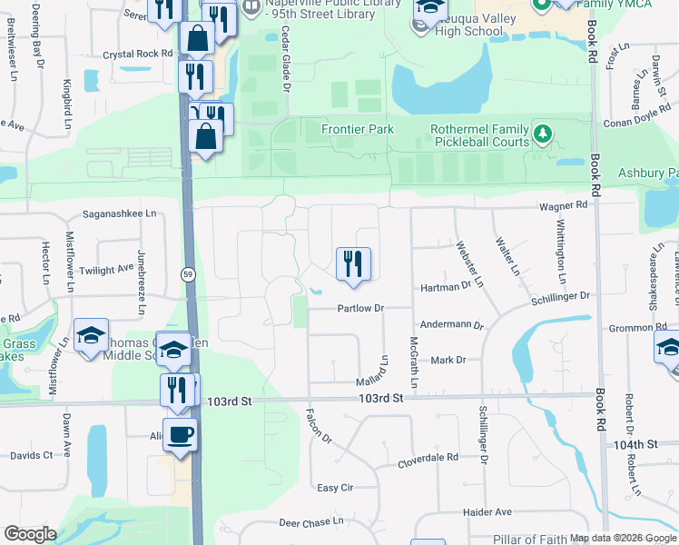 map of restaurants, bars, coffee shops, grocery stores, and more near 3635 Lime Light Dr in Naperville