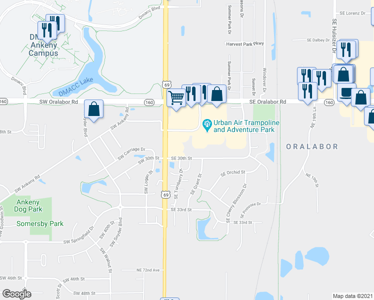 map of restaurants, bars, coffee shops, grocery stores, and more near 112 Southeast 30th Street in Ankeny