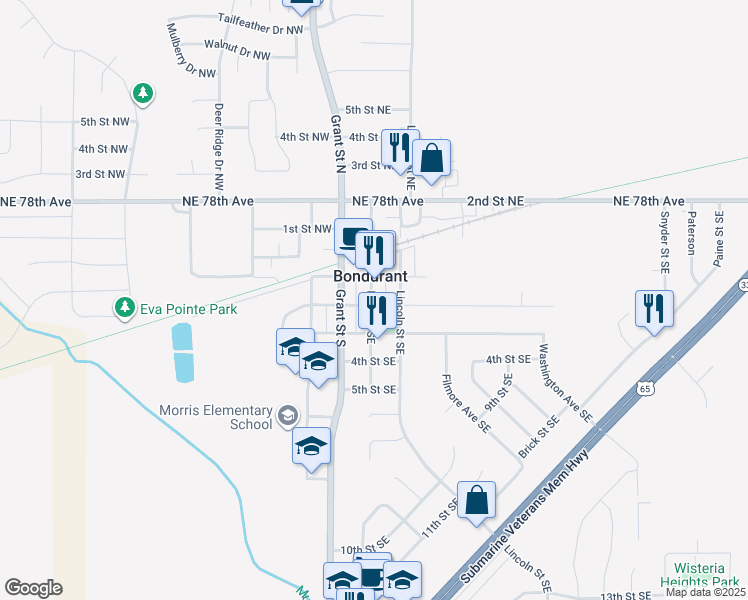 map of restaurants, bars, coffee shops, grocery stores, and more near 113 Main in Bondurant