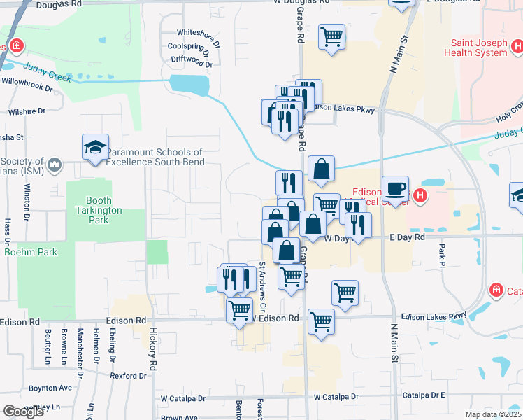 map of restaurants, bars, coffee shops, grocery stores, and more near Tanglewood Lane in Mishawaka