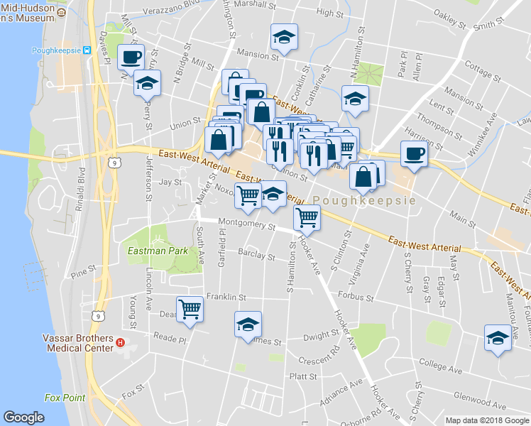 map of restaurants, bars, coffee shops, grocery stores, and more near 73 Academy Street in Poughkeepsie