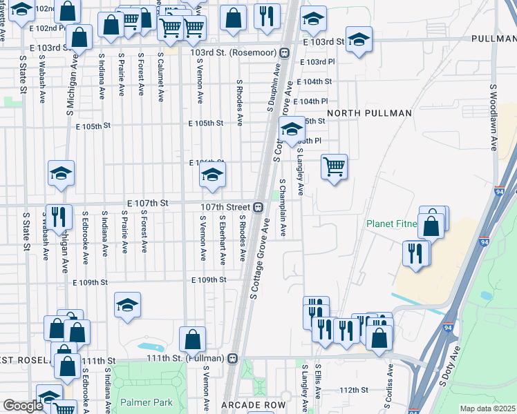 map of restaurants, bars, coffee shops, grocery stores, and more near South Dauphin Avenue in Chicago