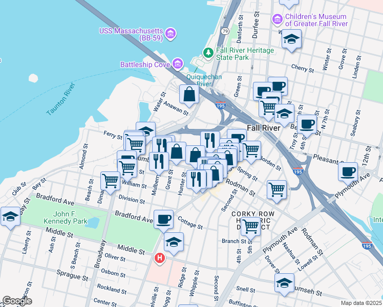 map of restaurants, bars, coffee shops, grocery stores, and more near 301 Milliken Boulevard in Fall River