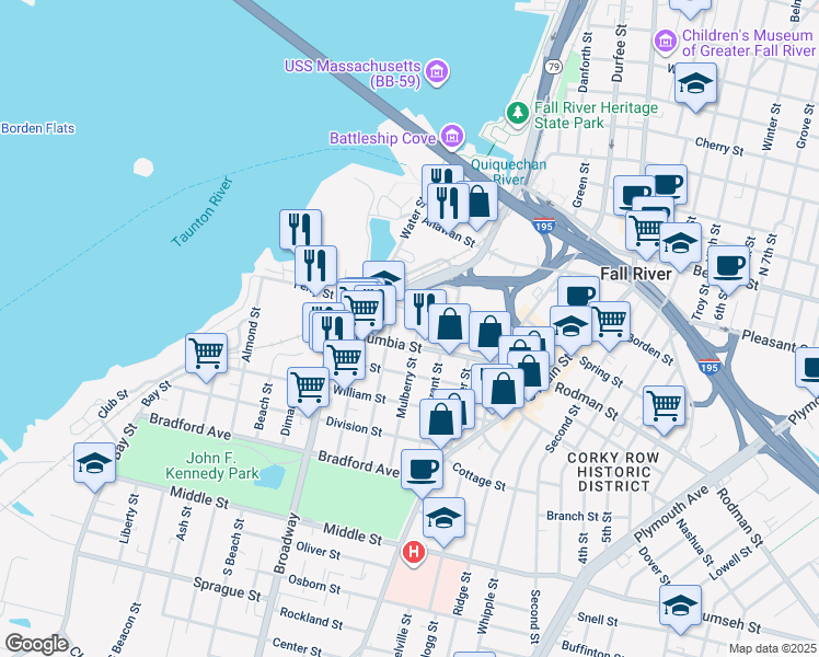 map of restaurants, bars, coffee shops, grocery stores, and more near 64 Fountain Street in Fall River