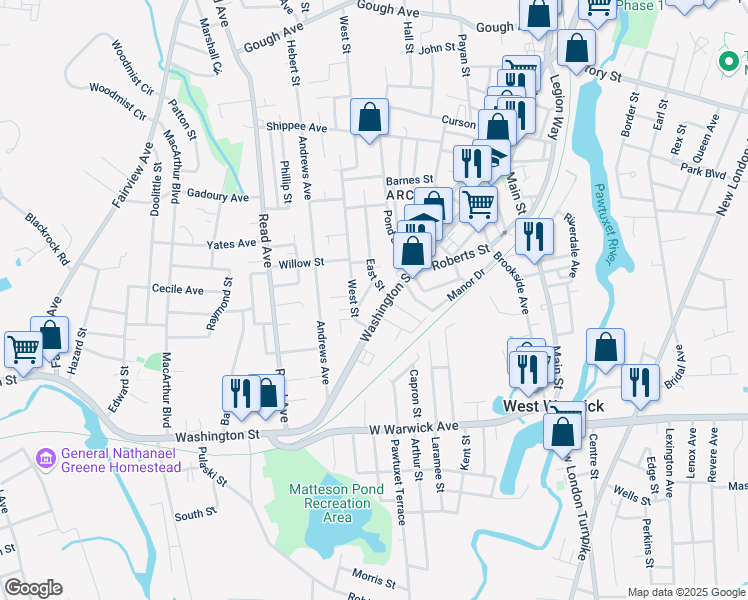 map of restaurants, bars, coffee shops, grocery stores, and more near 29 West Street in West Warwick